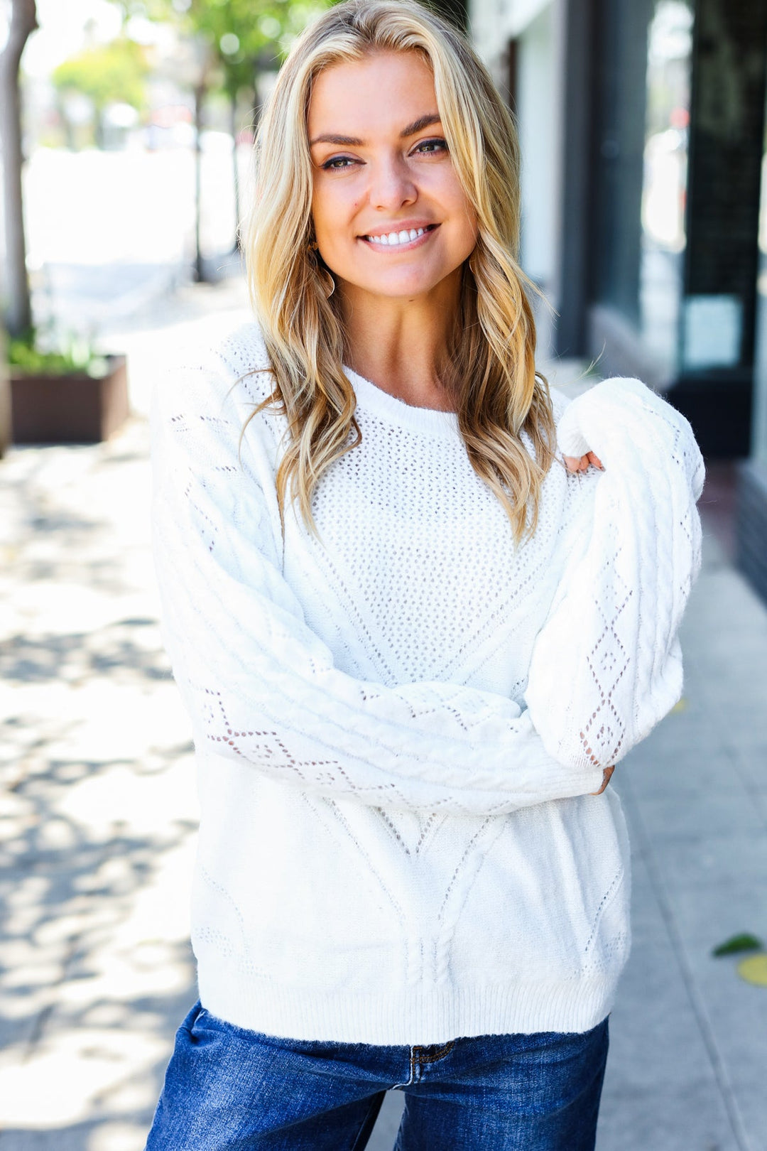 Upscale Basics - Loose Knit Henley Sweater - White