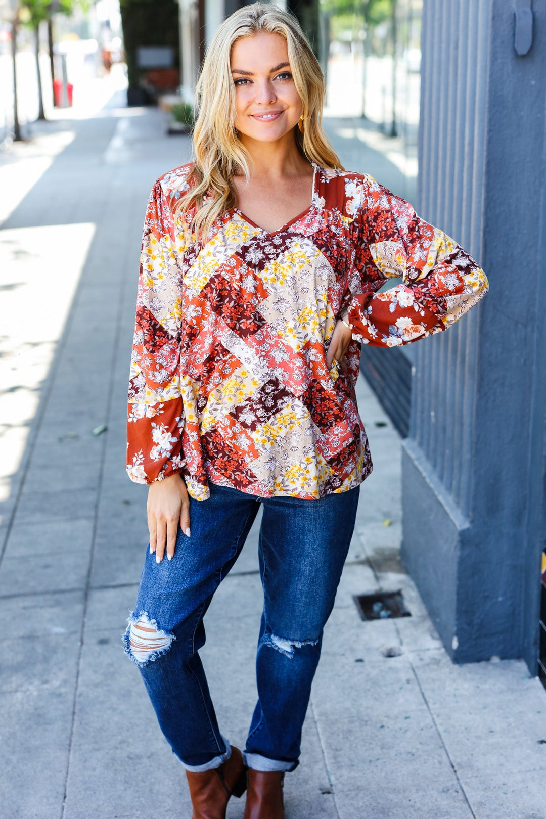 Rust Harvest Floral Patchwork Blouse