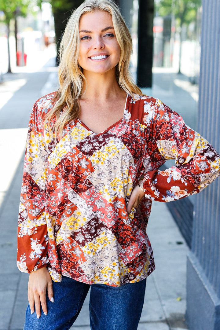 Rust Harvest Floral Patchwork Blouse