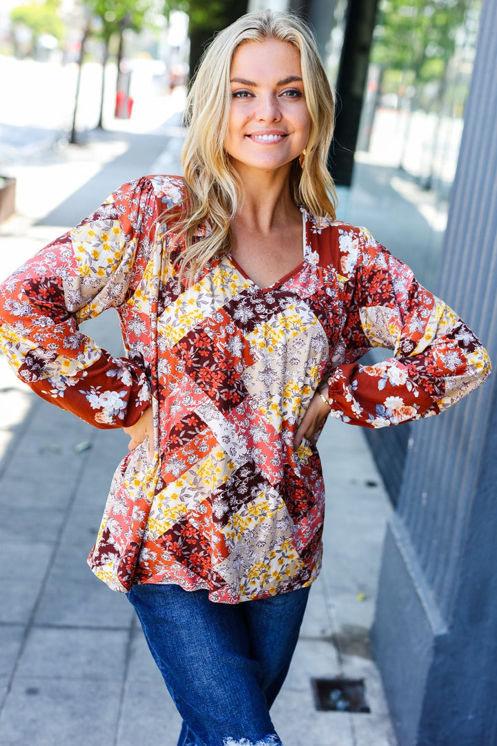 Rust Harvest Floral Patchwork Blouse