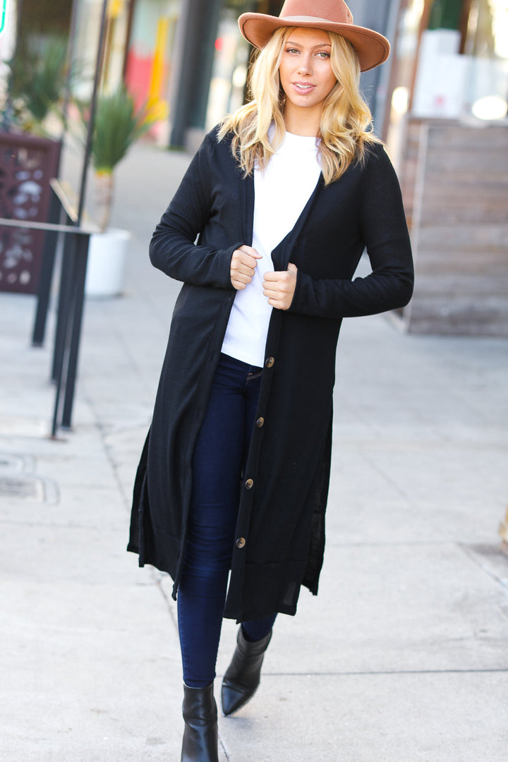 All-Day Chic -Black Ribbed Cardigan W/ Thumbholes