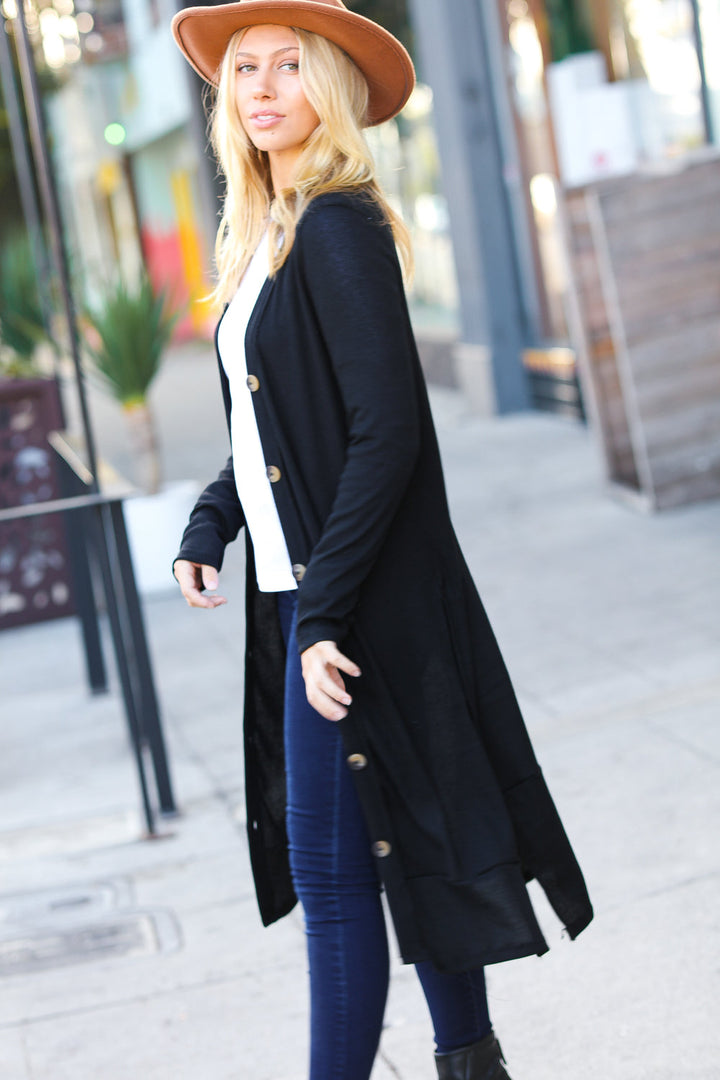 All-Day Chic -Black Ribbed Cardigan W/ Thumbholes