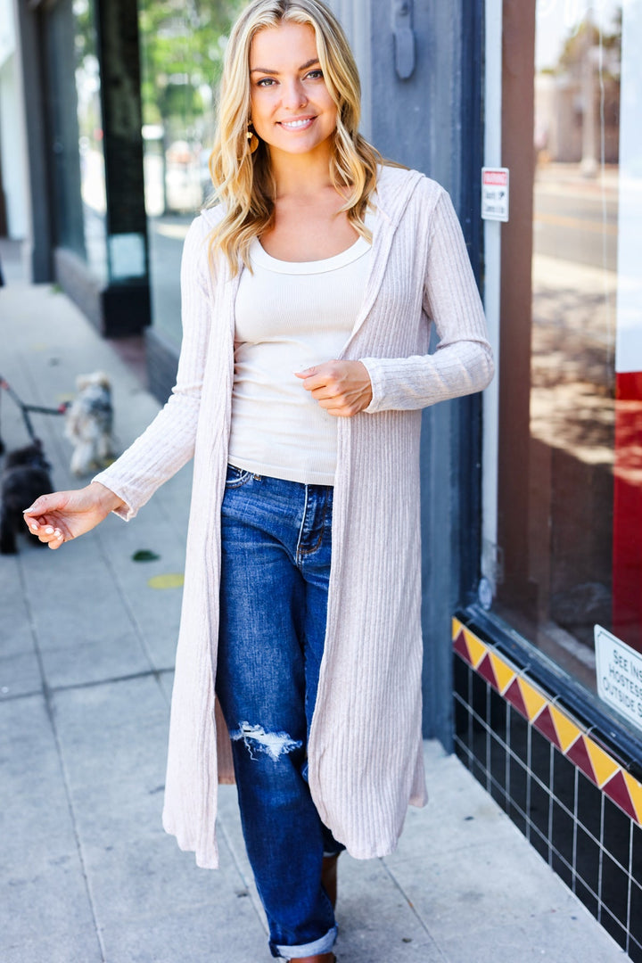 Taupe/Tan Ribbed Hooded Cardigan