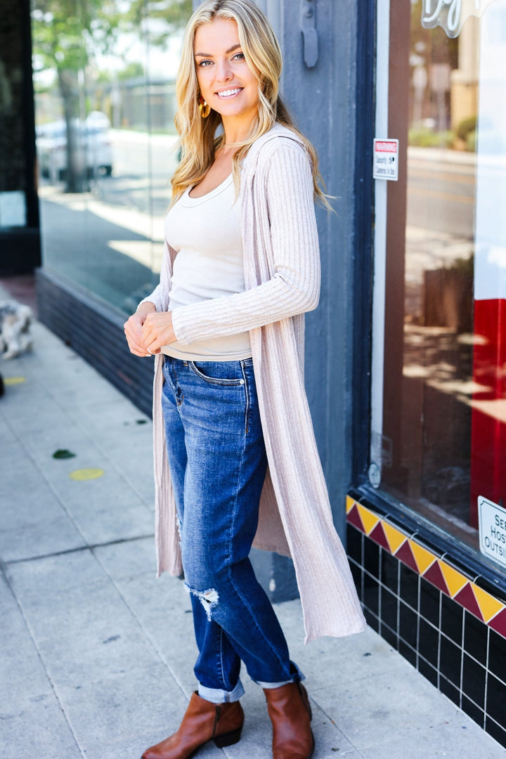 Taupe/Tan Ribbed Hooded Cardigan