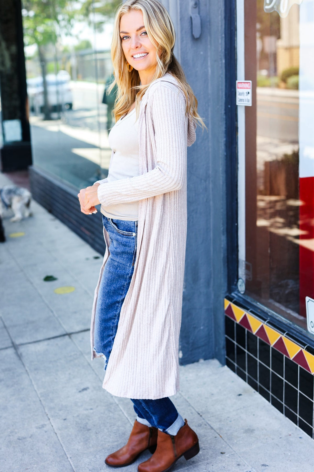 Taupe/Tan Ribbed Hooded Cardigan