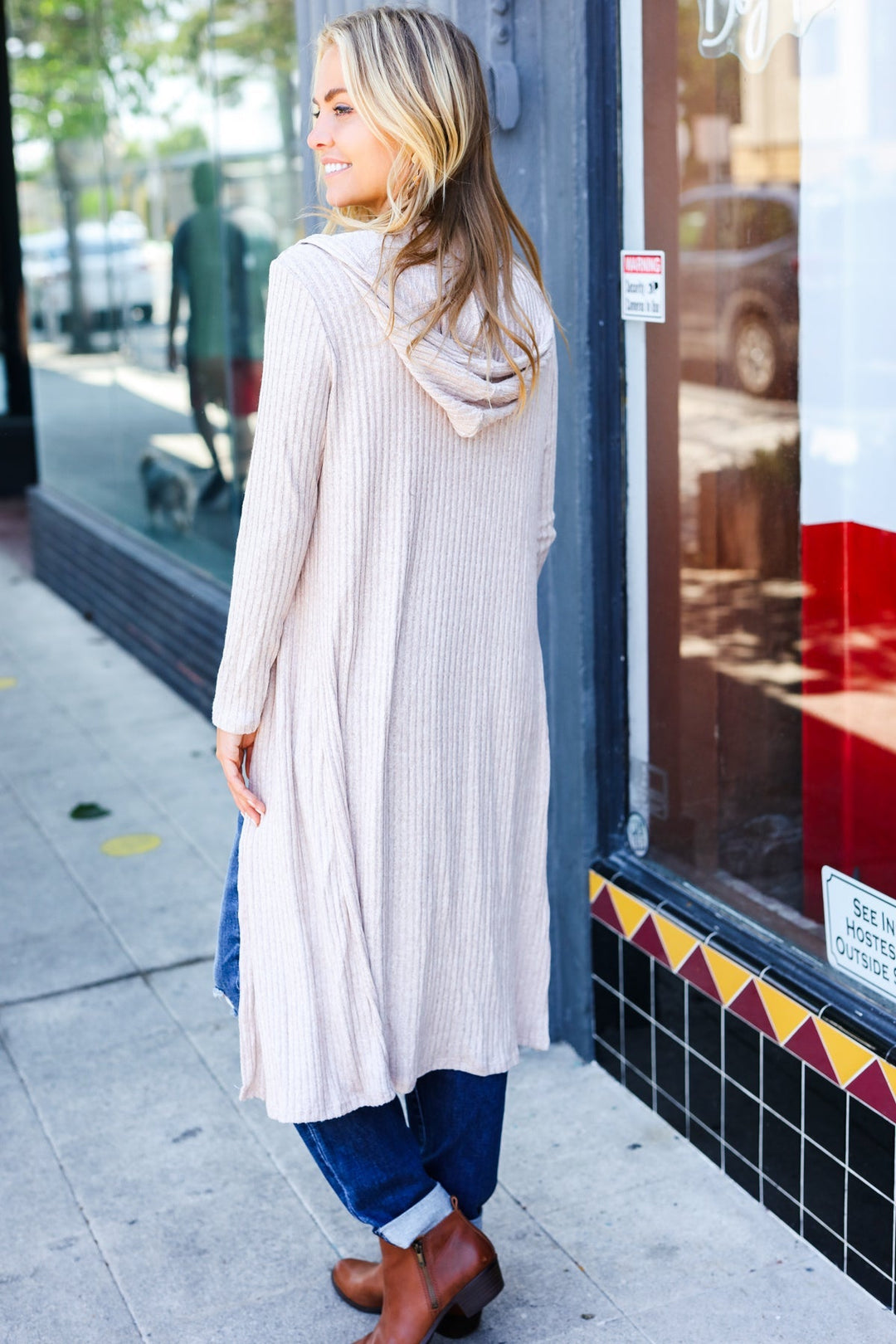 Taupe/Tan Ribbed Hooded Cardigan