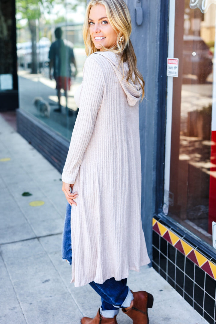 Taupe/Tan Ribbed Hooded Cardigan