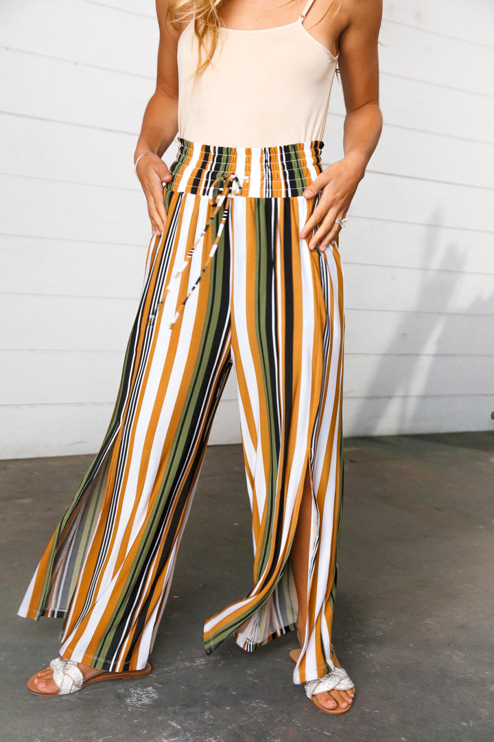 Boho Striped Smock Waist Side Slit Palazzo Pants