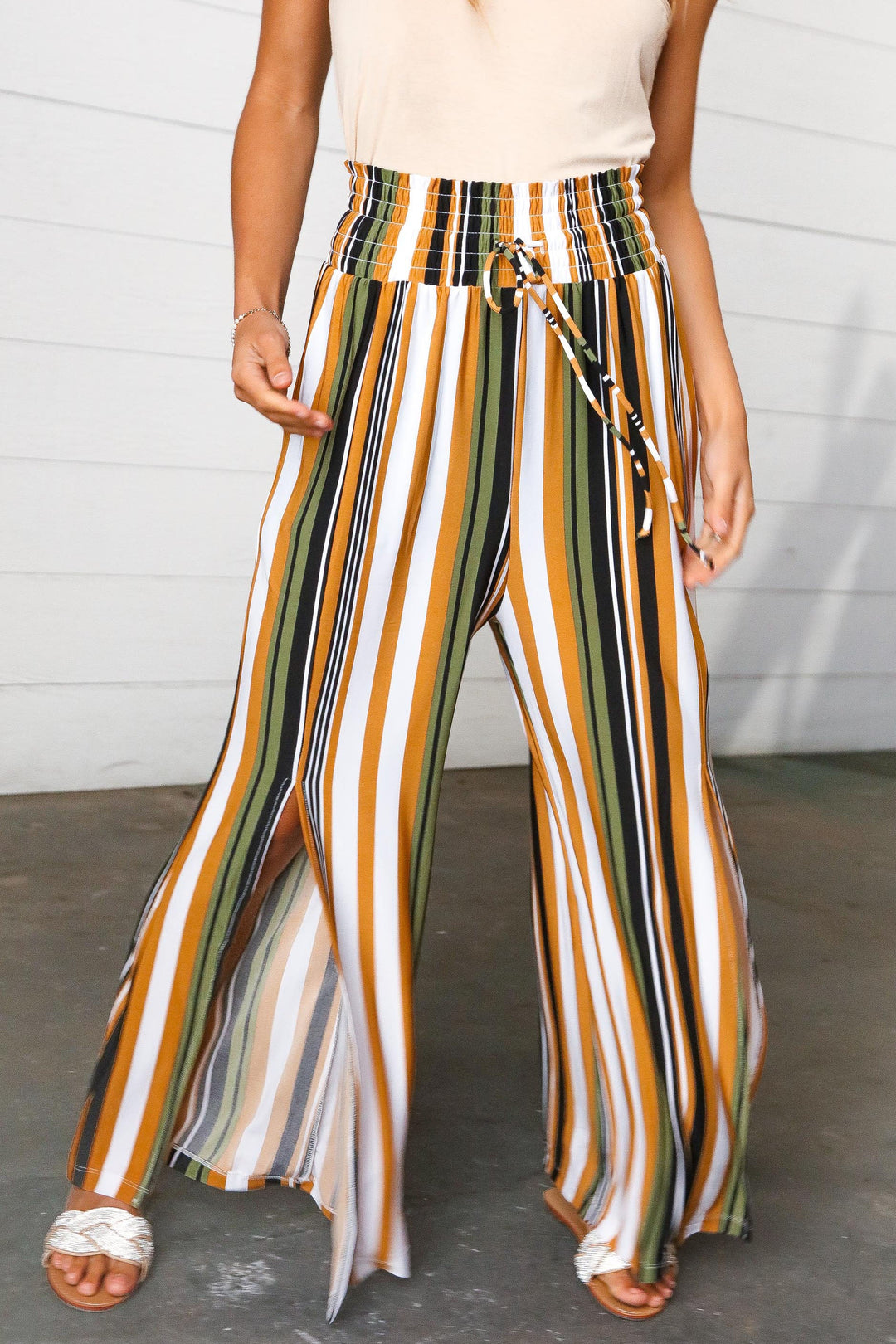 Boho Striped Smock Waist Side Slit Palazzo Pants