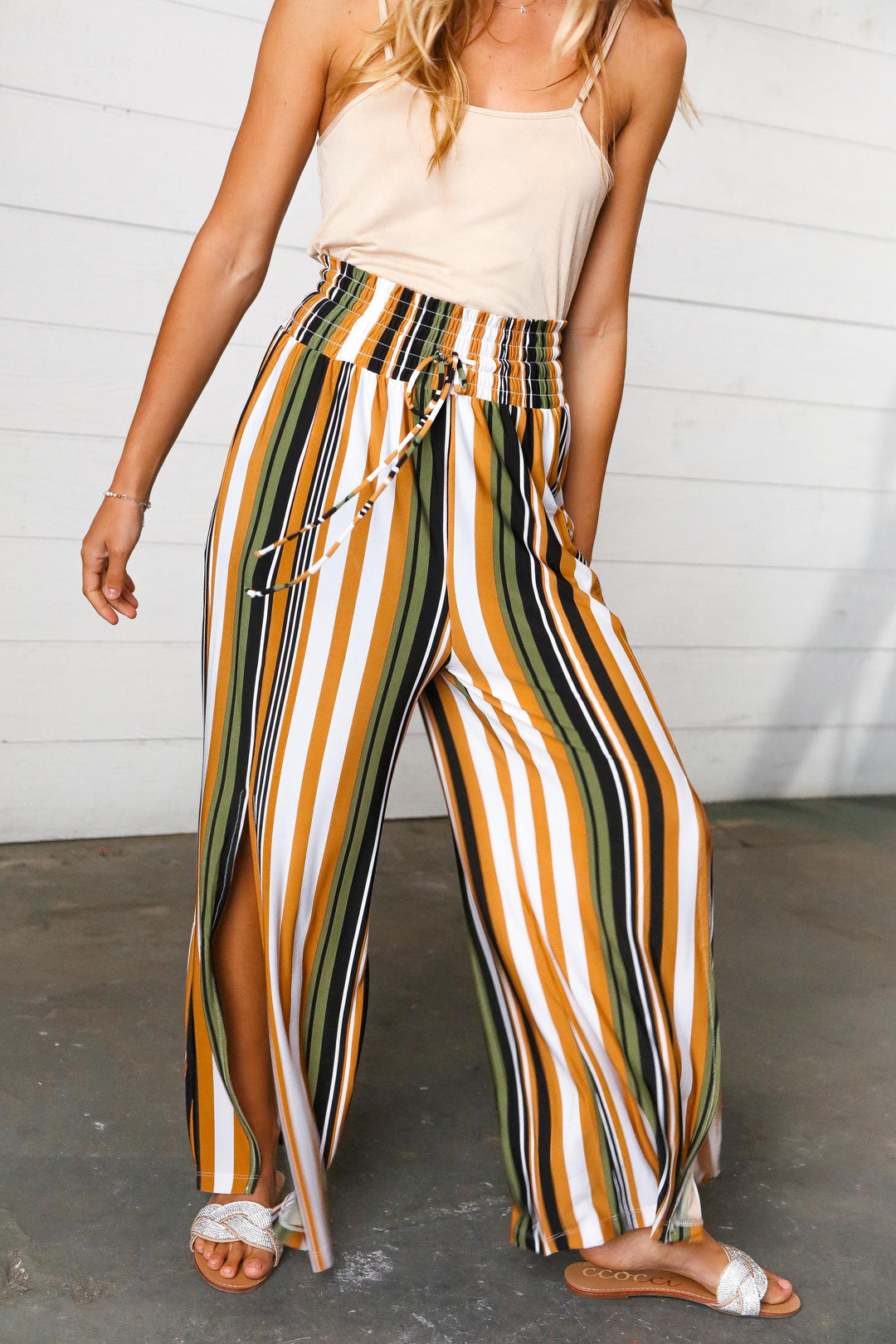 Boho Striped Smock Waist Side Slit Palazzo Pants