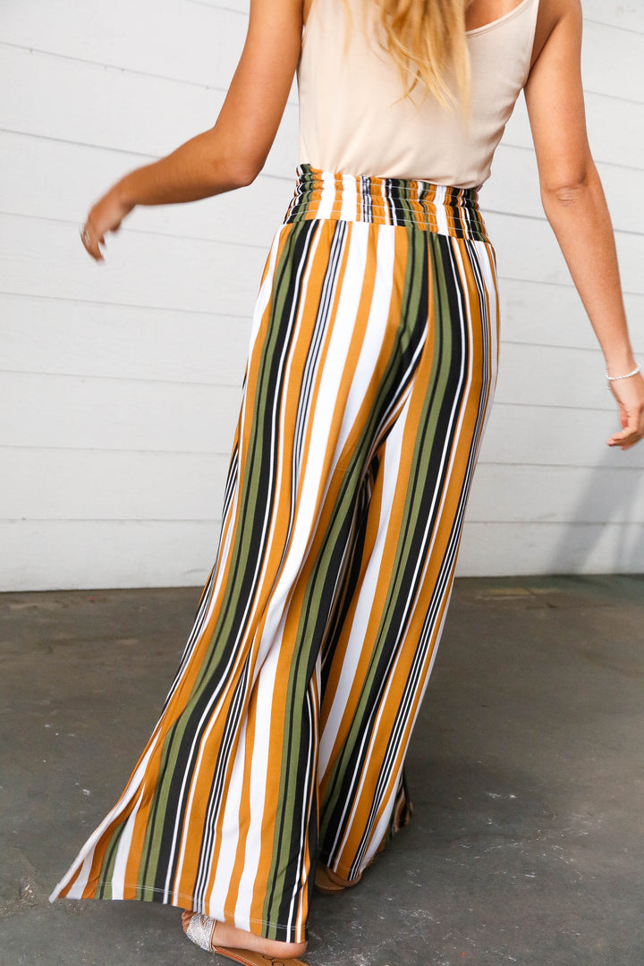 Boho Striped Smock Waist Side Slit Palazzo Pants