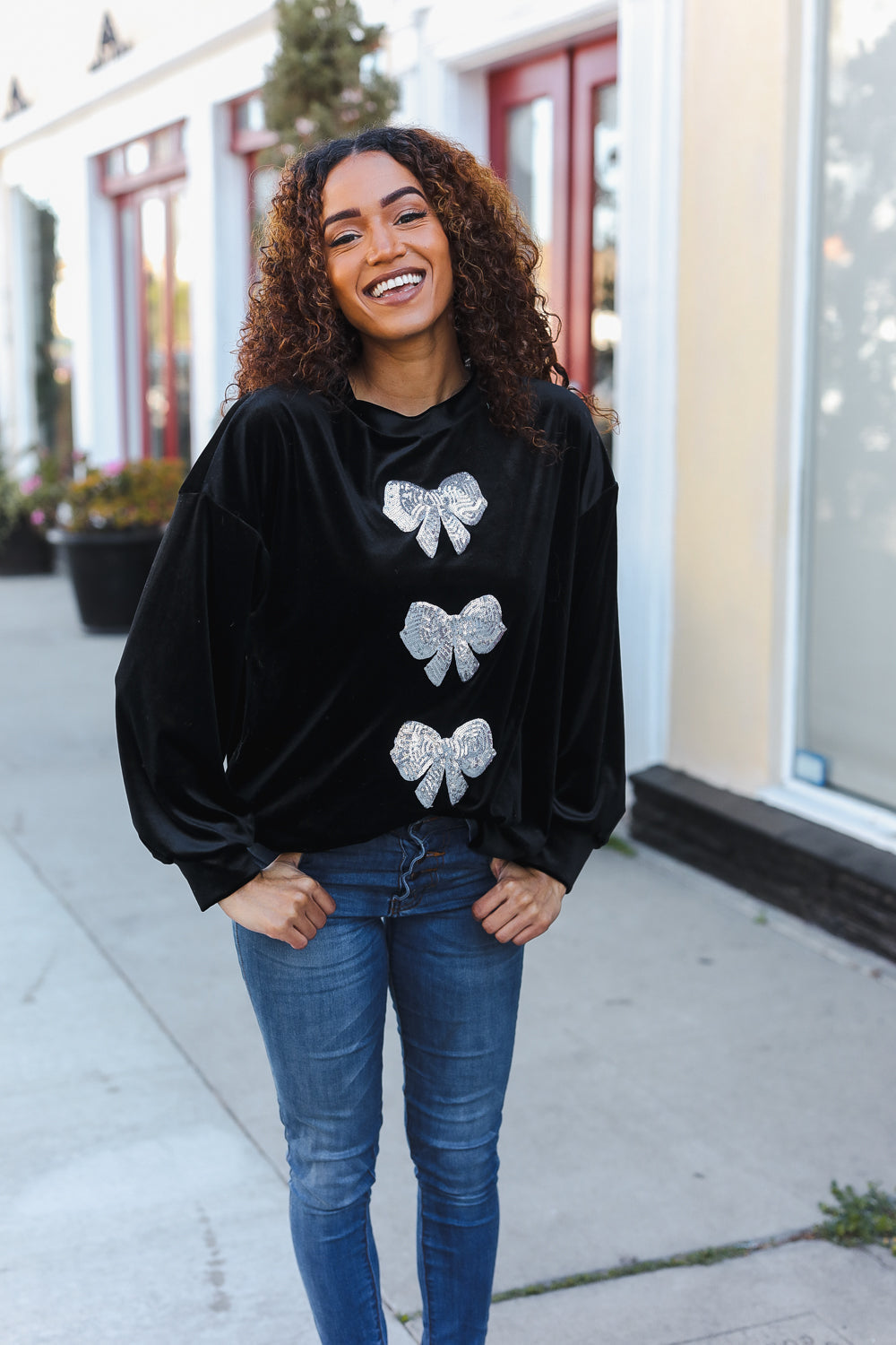 Holiday Ready - Sequin Bow Velvet Top