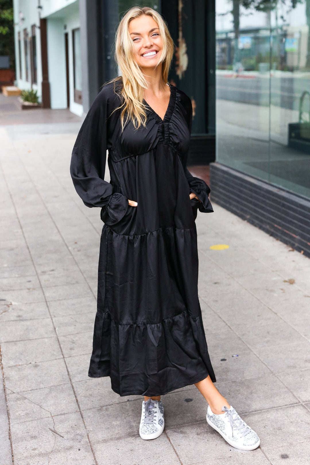 Elegant Days - Tiered Satin Maxi Dress - Black