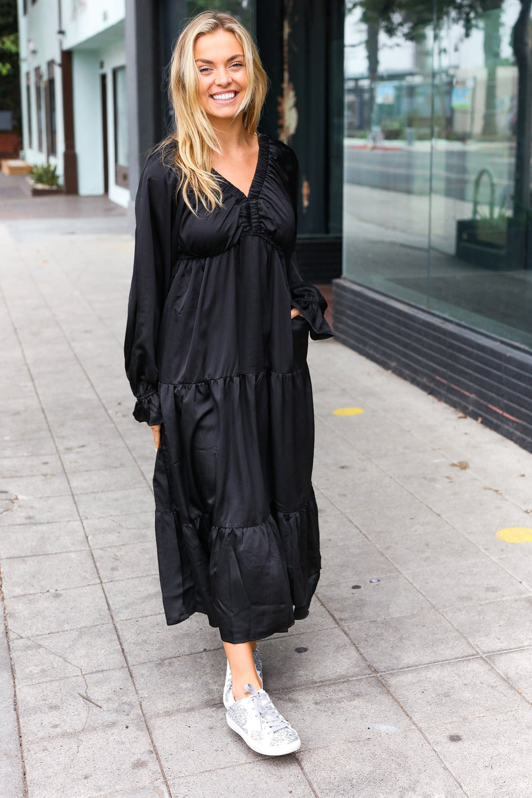 Elegant Days - Tiered Satin Maxi Dress - Black