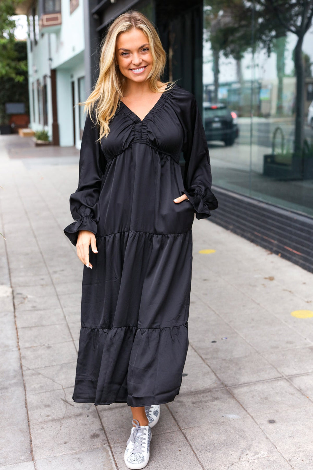 Elegant Days - Tiered Satin Maxi Dress - Black