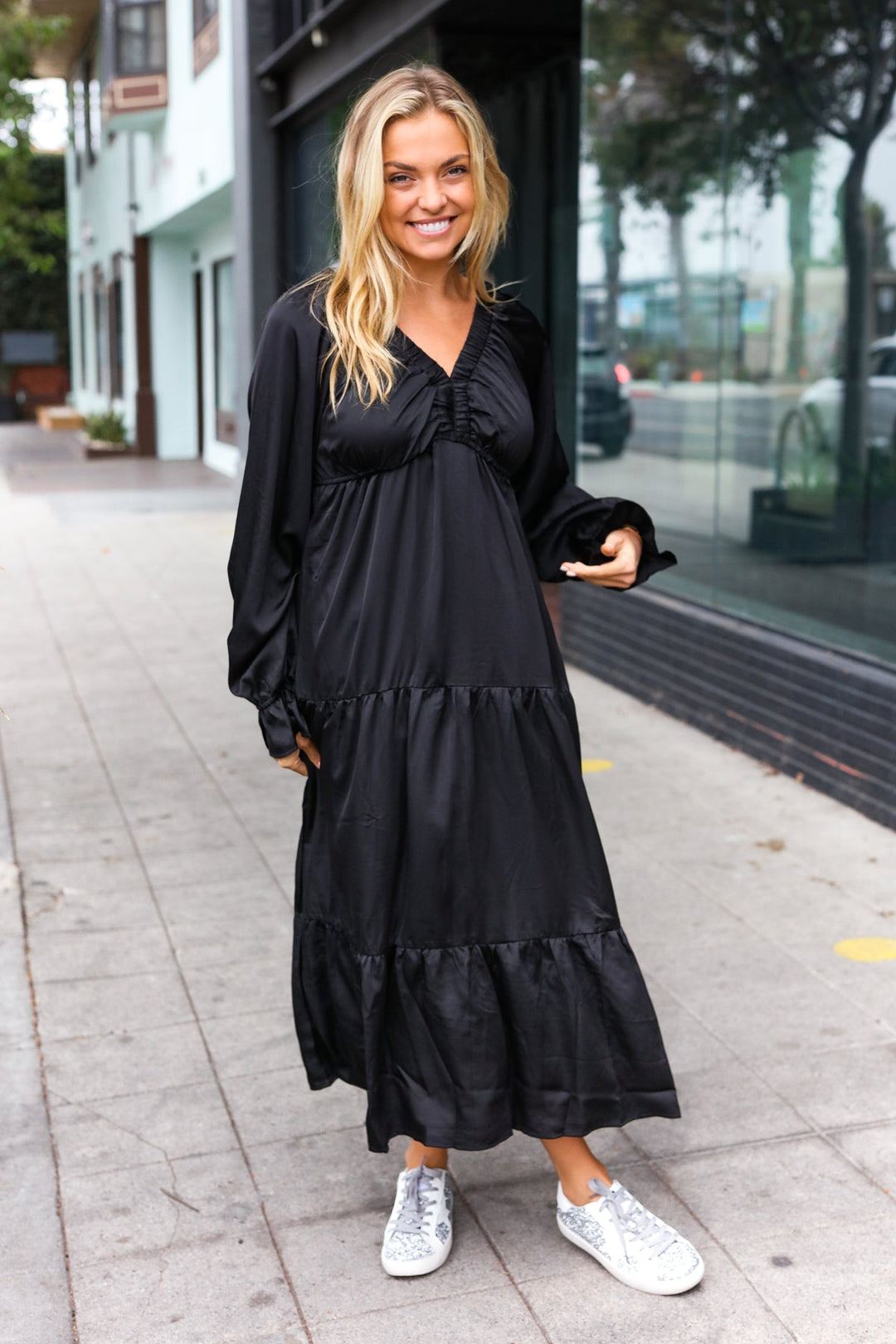 Elegant Days - Tiered Satin Maxi Dress - Black