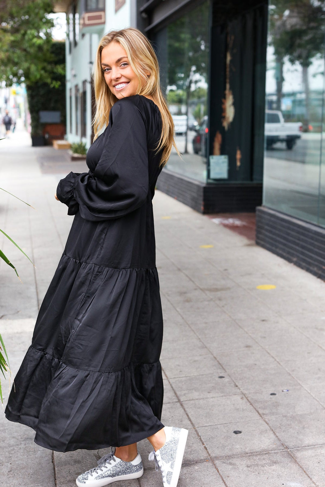 Elegant Days - Tiered Satin Maxi Dress - Black