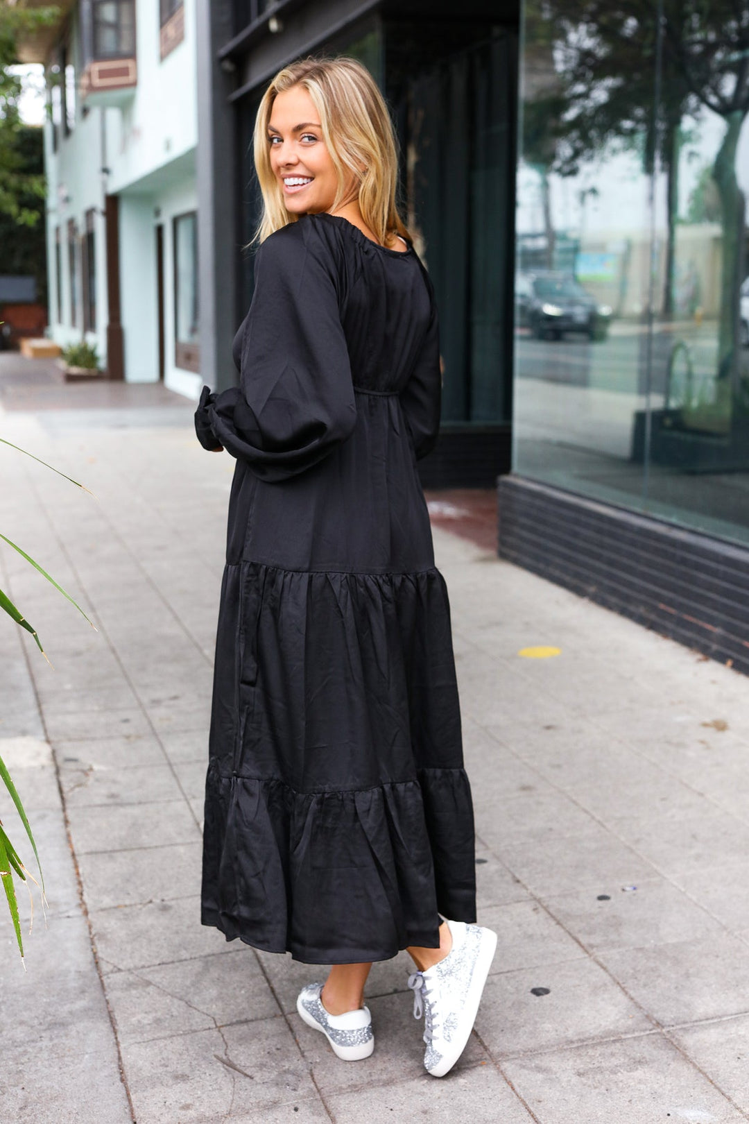 Elegant Days - Tiered Satin Maxi Dress - Black