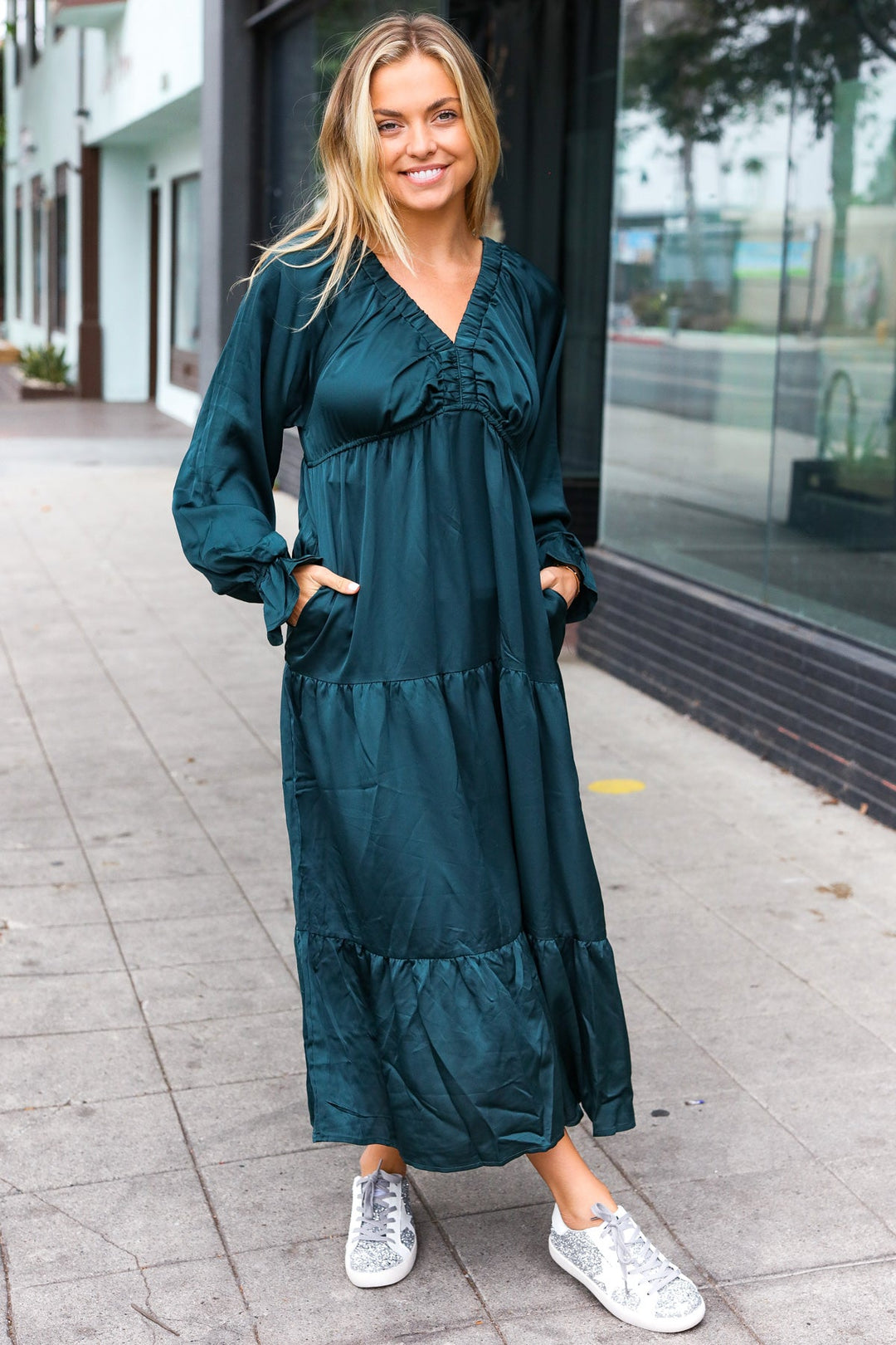 Elegant Days - Tiered Satin Maxi Dress - Hunter Green