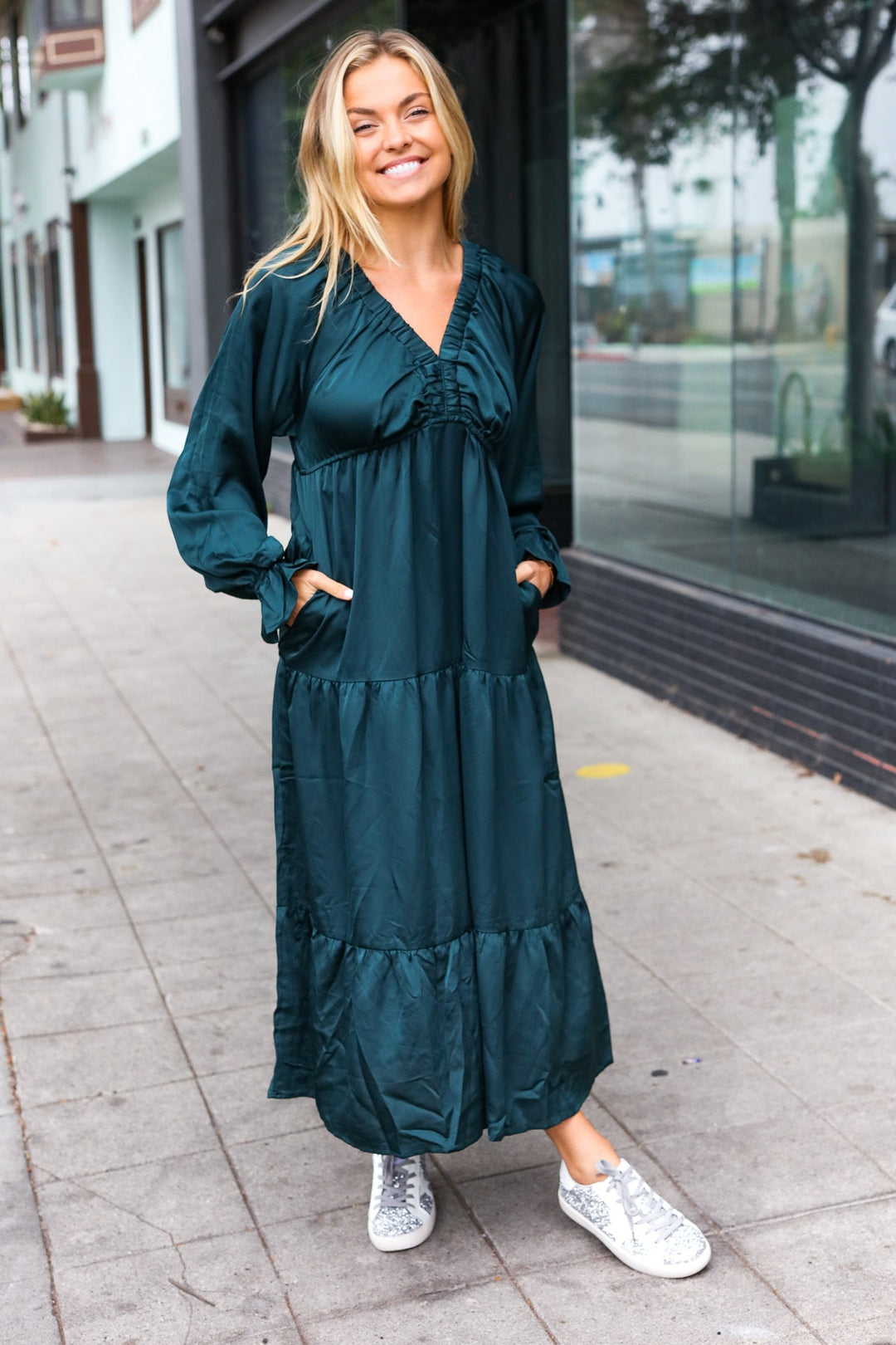 Elegant Days - Tiered Satin Maxi Dress - Hunter Green