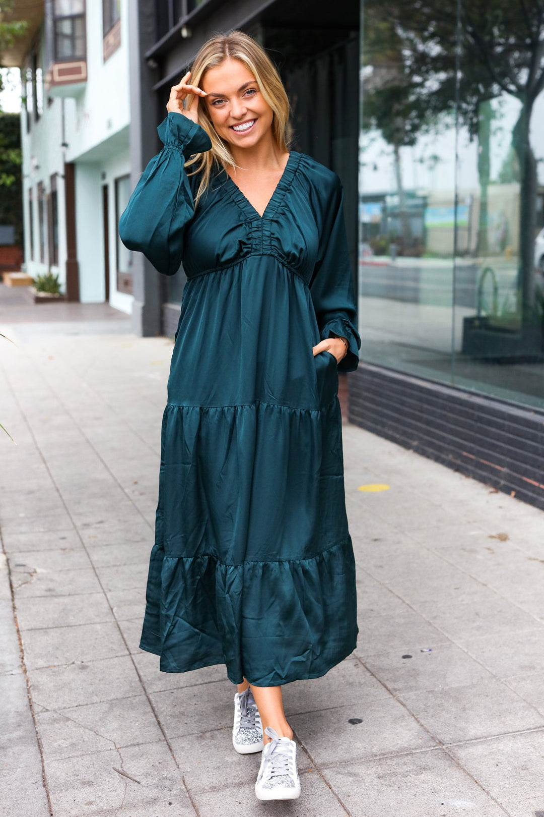 Elegant Days - Tiered Satin Maxi Dress - Hunter Green