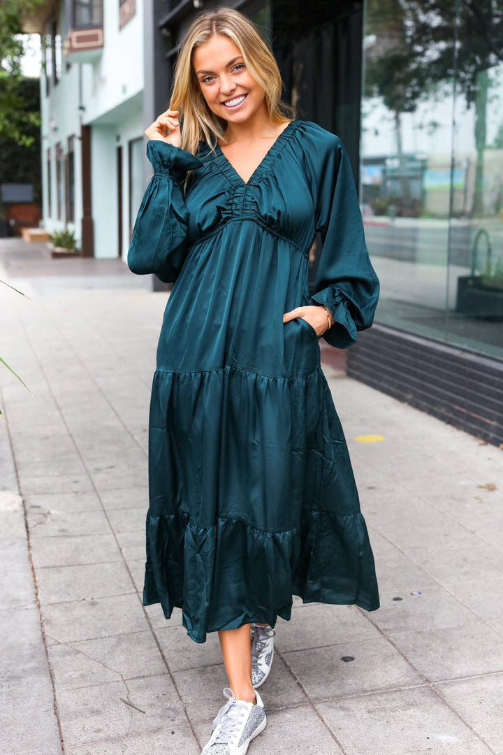 Elegant Days - Tiered Satin Maxi Dress - Hunter Green