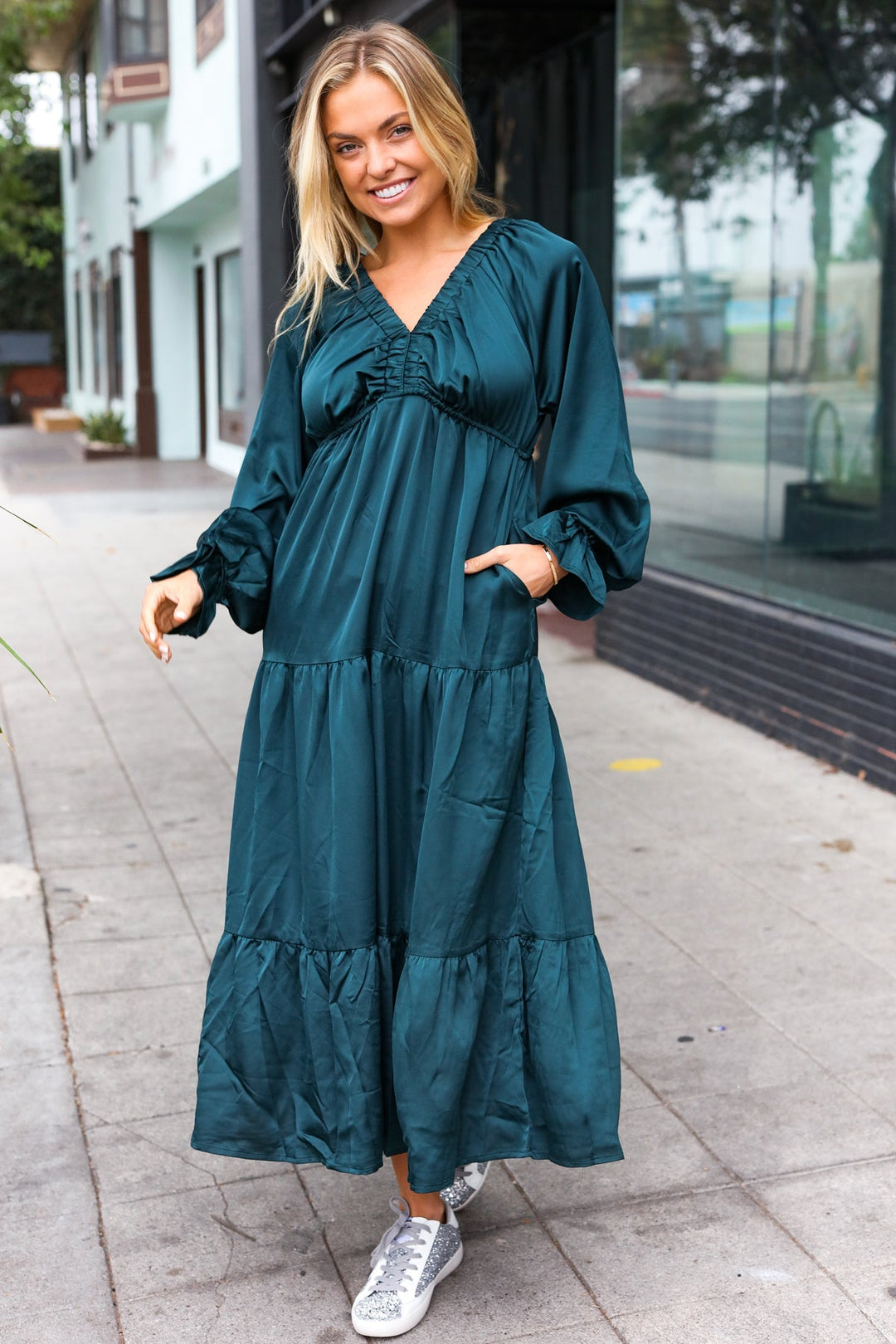 Elegant Days - Tiered Satin Maxi Dress - Hunter Green