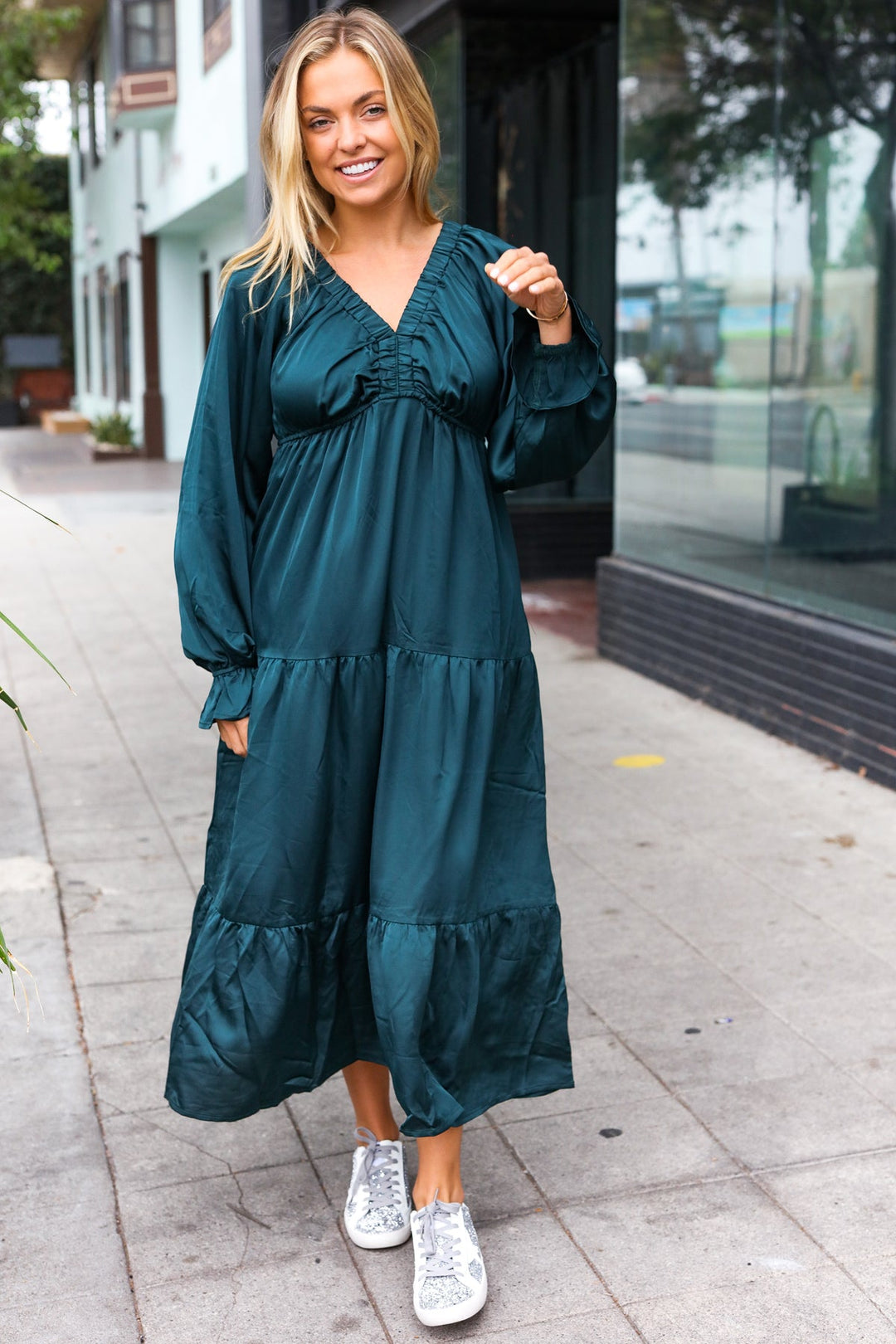 Elegant Days - Tiered Satin Maxi Dress - Hunter Green