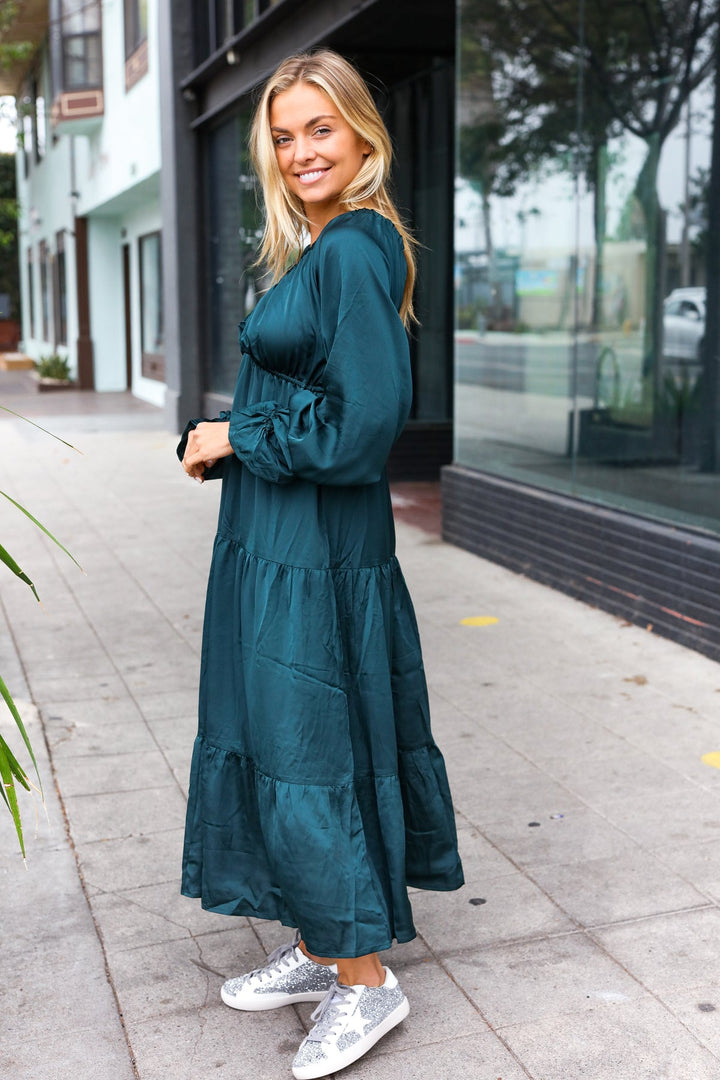 Elegant Days - Tiered Satin Maxi Dress - Hunter Green