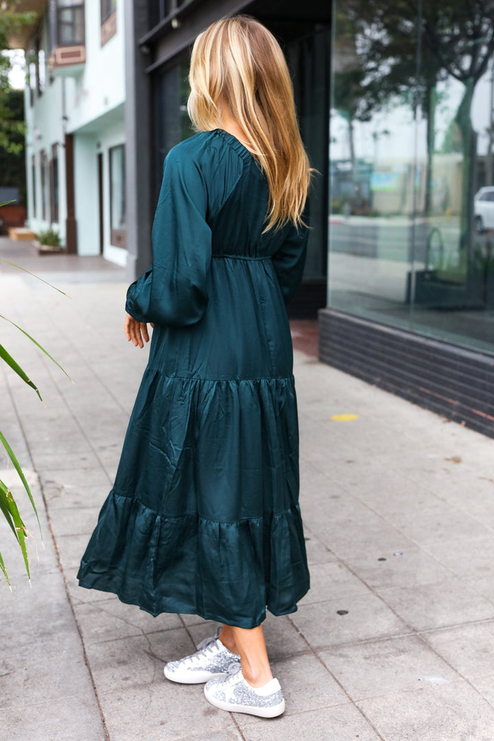 Elegant Days - Tiered Satin Maxi Dress - Hunter Green