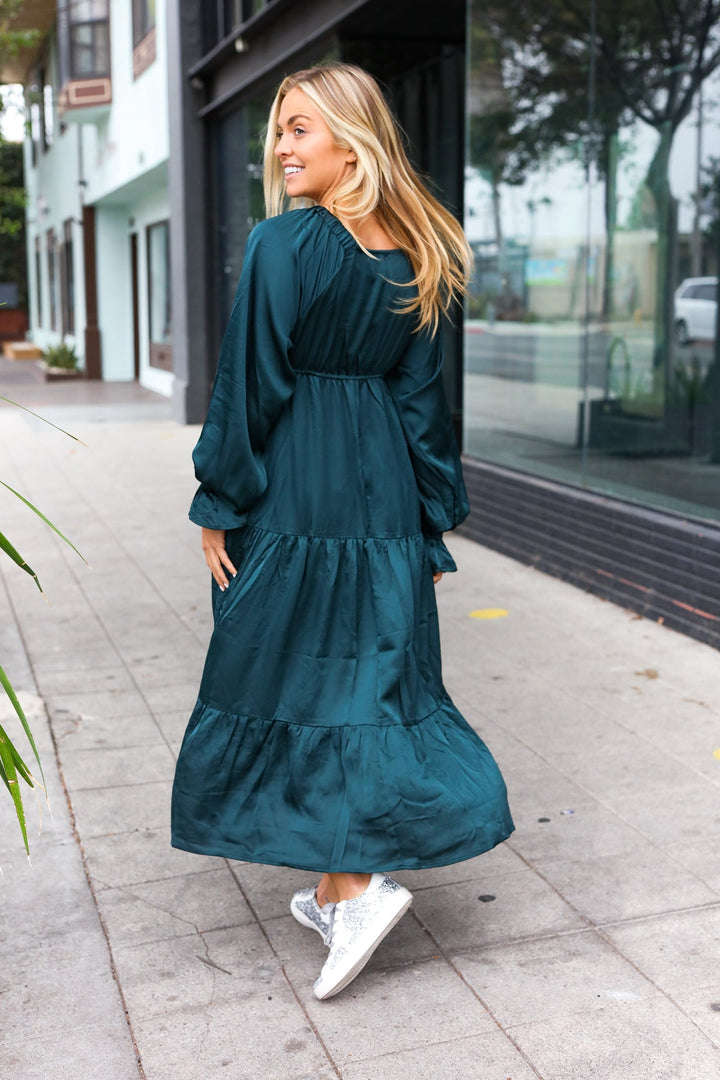 Elegant Days - Tiered Satin Maxi Dress - Hunter Green