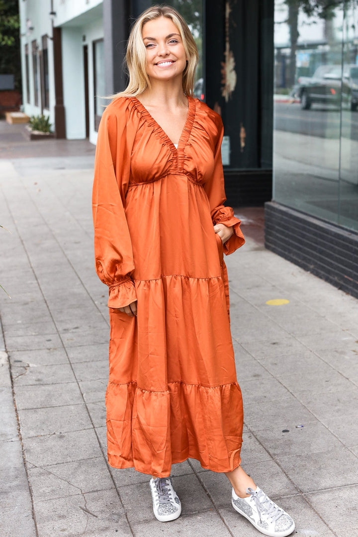 Elegant Days - Tiered Satin Maxi Dress - Rust