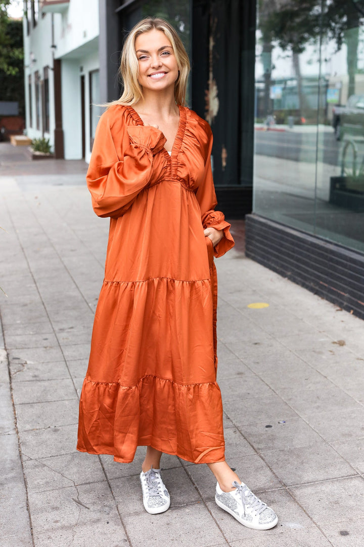 Elegant Days - Tiered Satin Maxi Dress - Rust