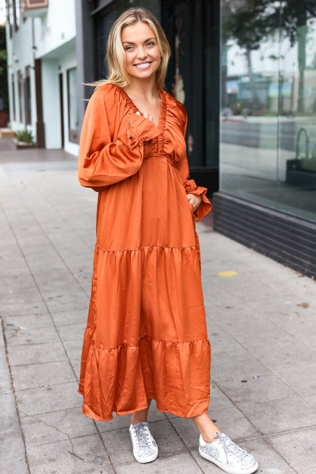 Elegant Days - Tiered Satin Maxi Dress - Rust