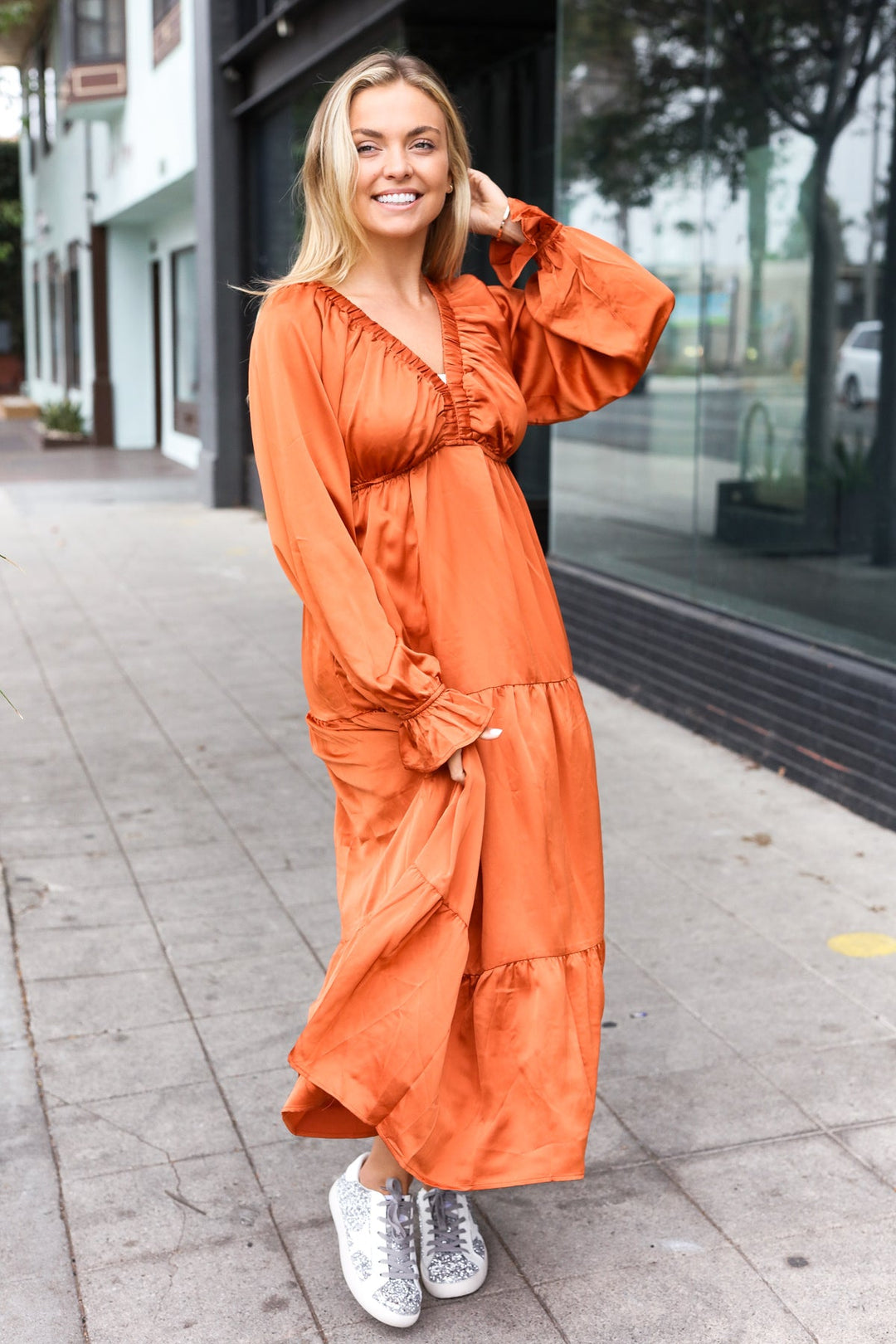 Elegant Days - Tiered Satin Maxi Dress - Rust