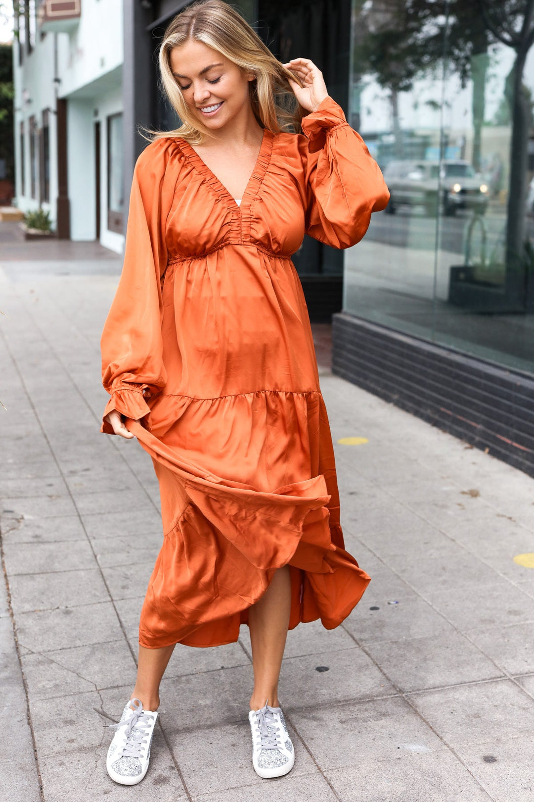 Elegant Days - Tiered Satin Maxi Dress - Rust