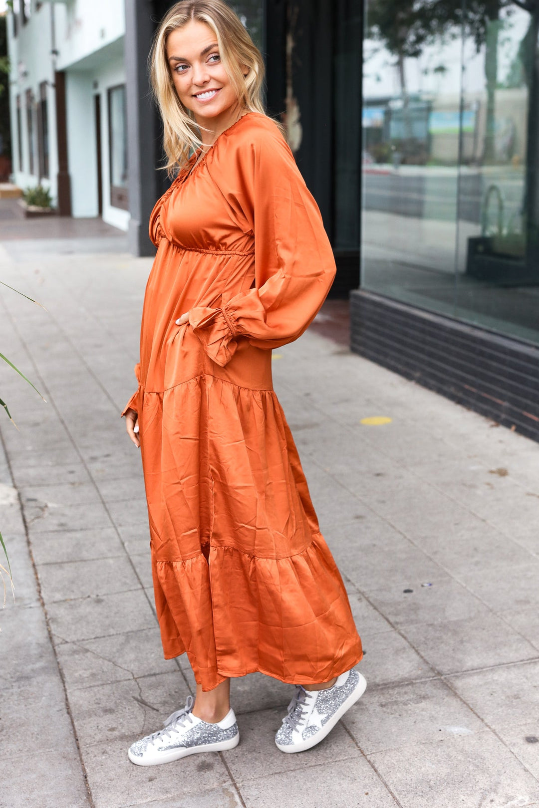 Elegant Days - Tiered Satin Maxi Dress - Rust