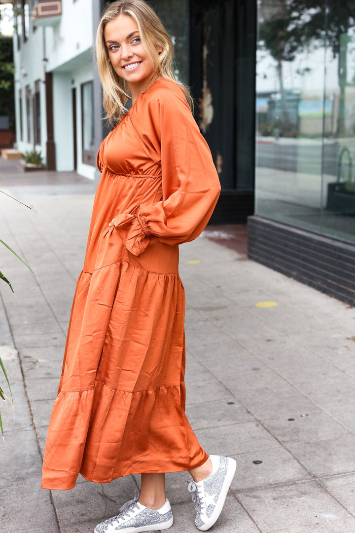 Elegant Days - Tiered Satin Maxi Dress - Rust