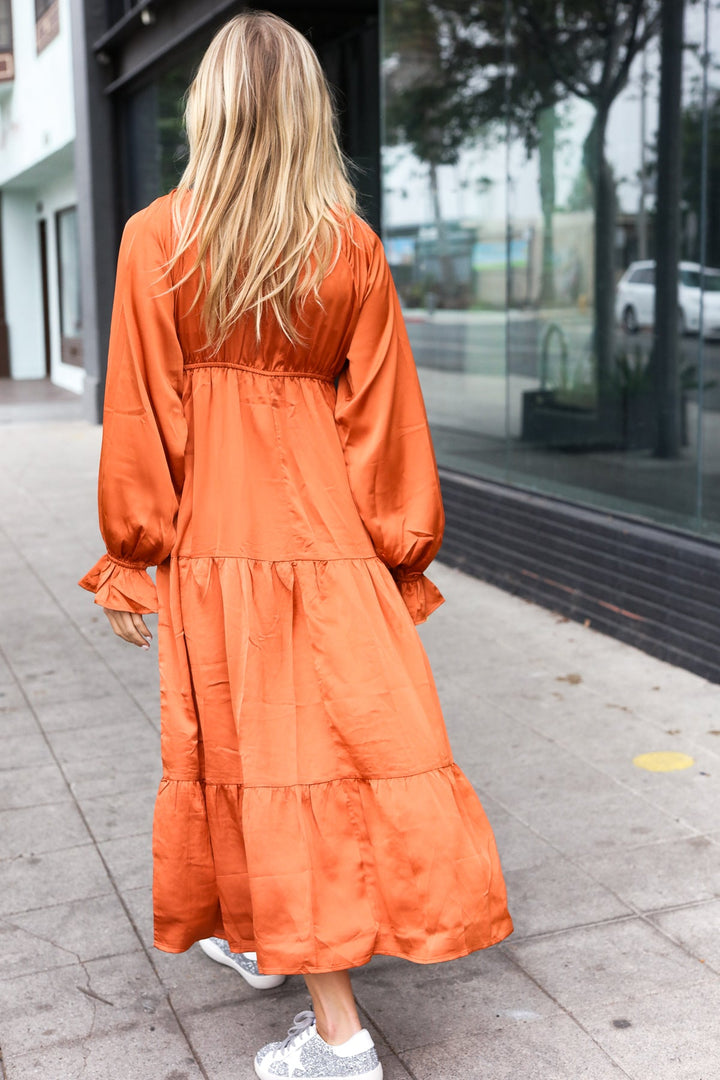 Elegant Days - Tiered Satin Maxi Dress - Rust