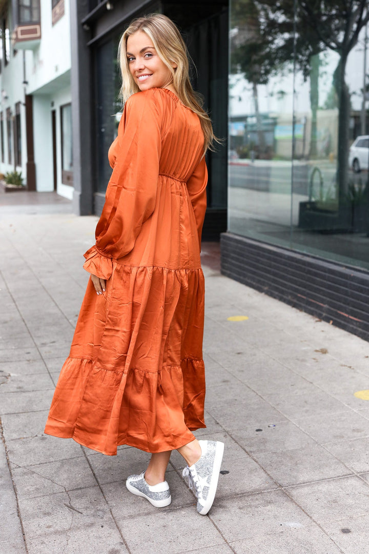 Elegant Days - Tiered Satin Maxi Dress - Rust