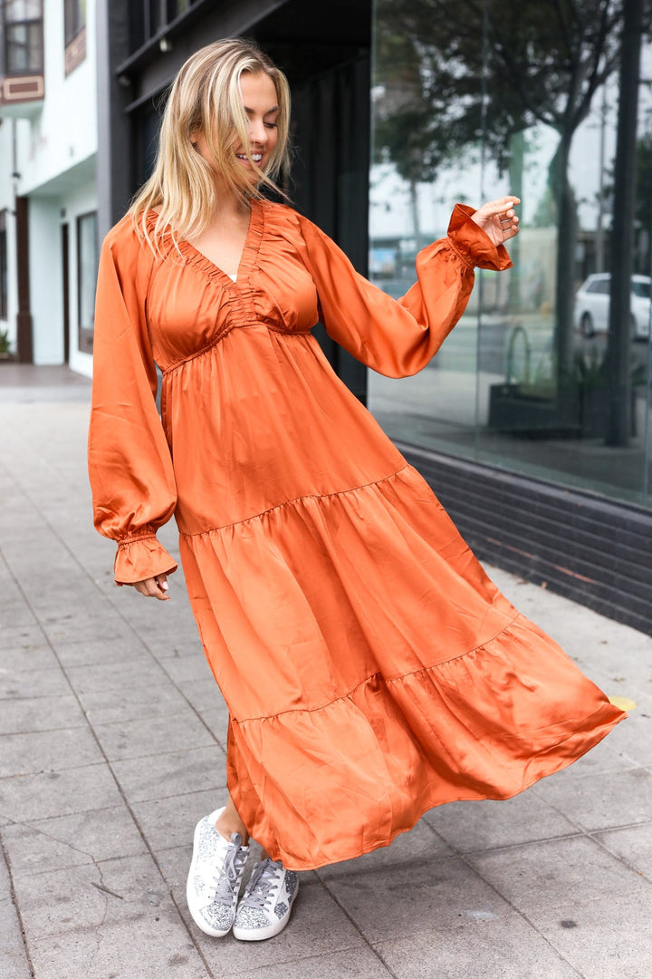 Elegant Days - Tiered Satin Maxi Dress - Rust