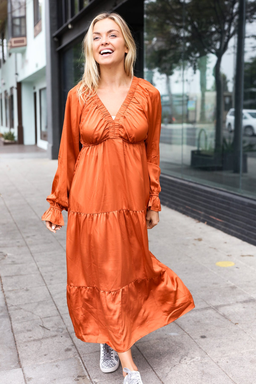 Elegant Days - Tiered Satin Maxi Dress - Rust