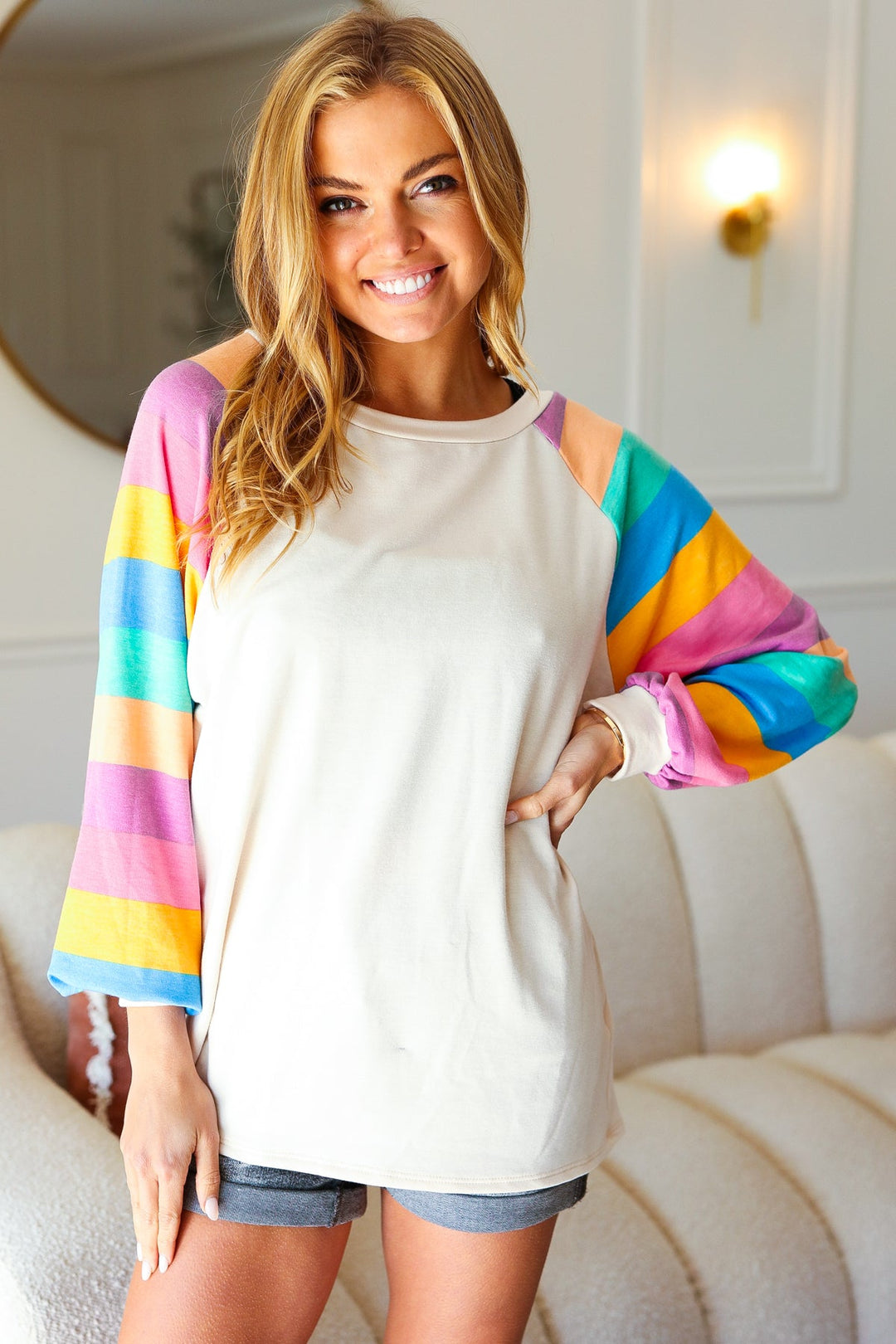 Color Burst - Bubble-Sleeve Terry Raglan Top