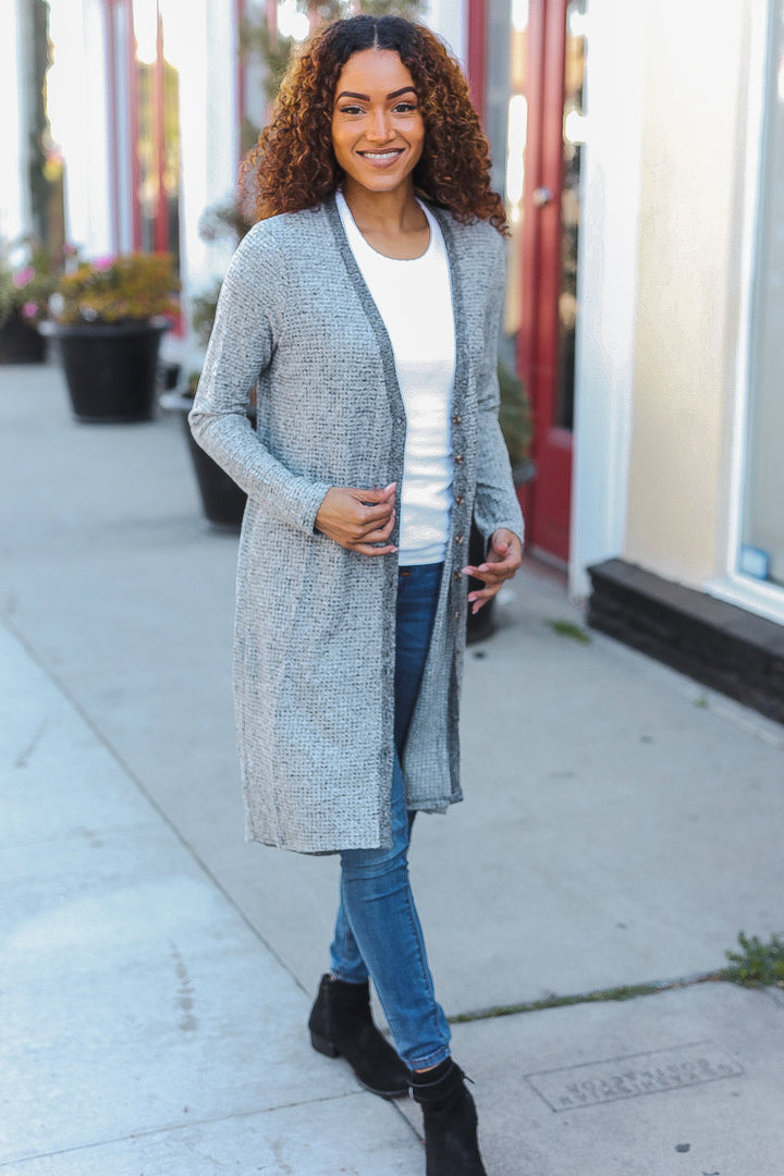 Brushed Knit Crochet-Detail Duster Cardigan