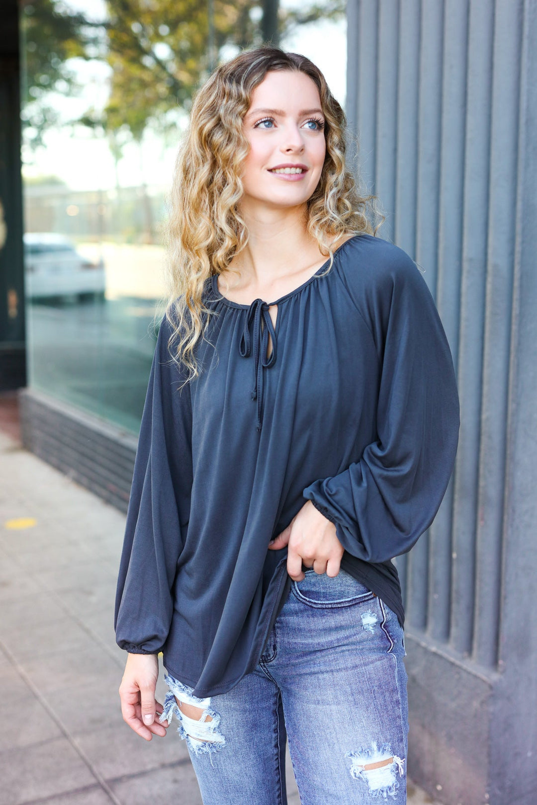 Modal-Knit Peasant Tunic Top - Charcoal