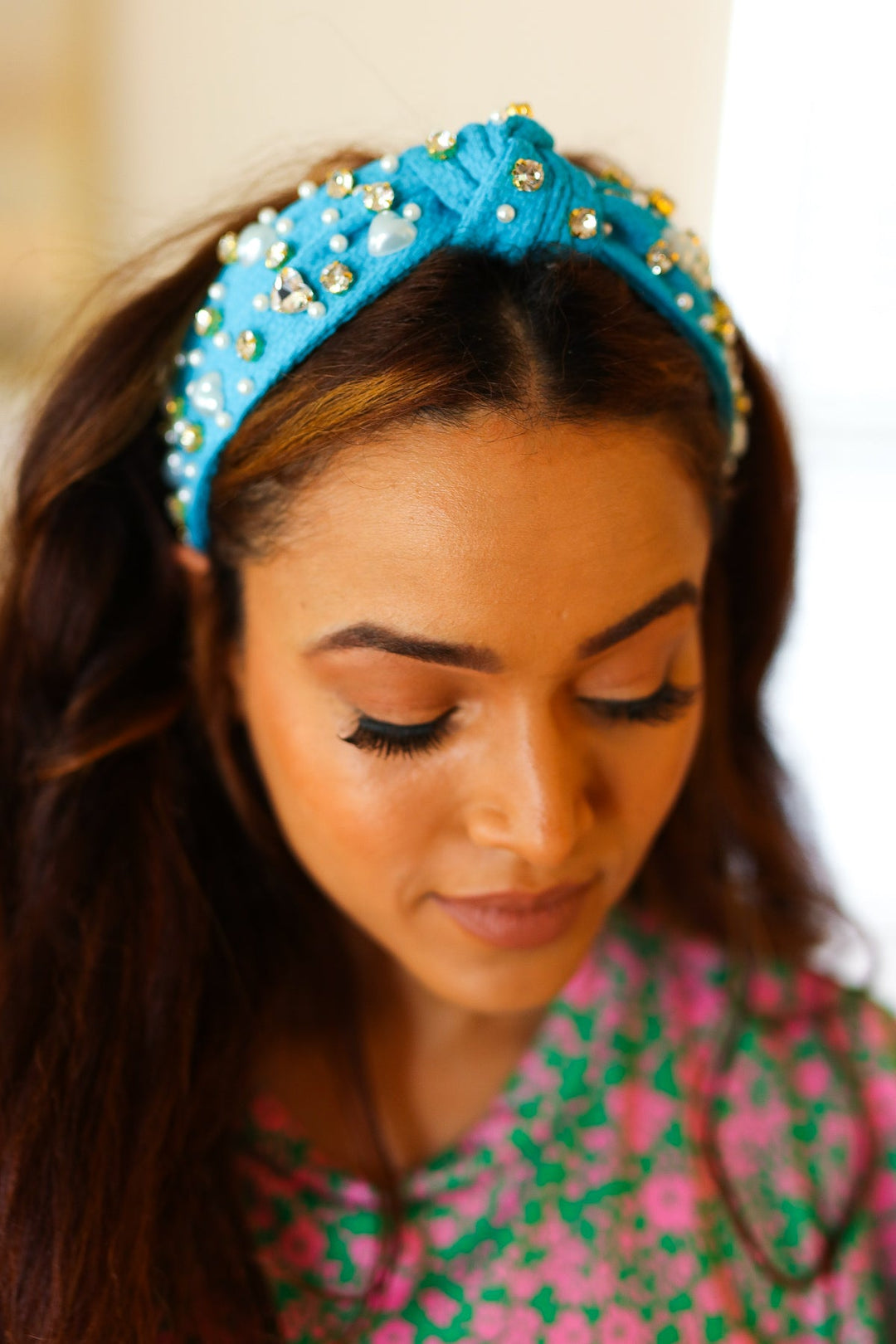 Blue Heart Pearl & Jewel Knot Headband