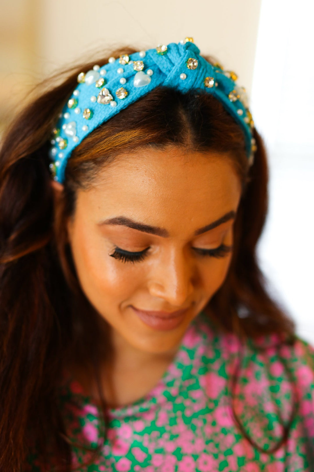 Blue Heart Pearl & Jewel Knot Headband