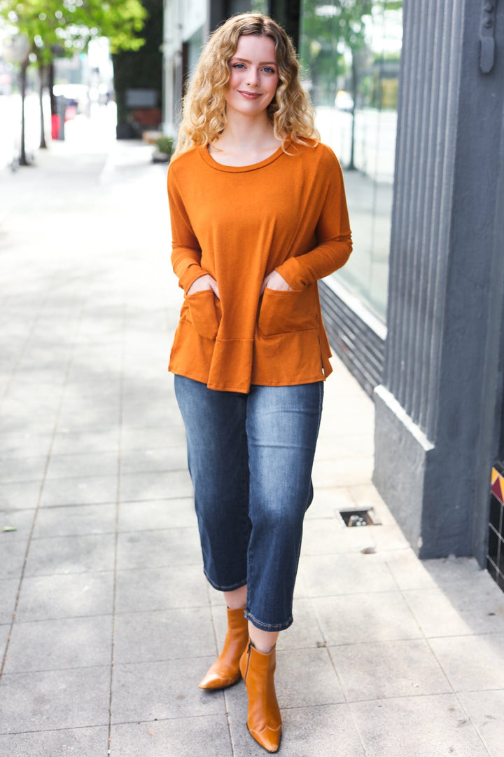 Snuggly Perfection - Hacci Dolman Sweater Top - Rust