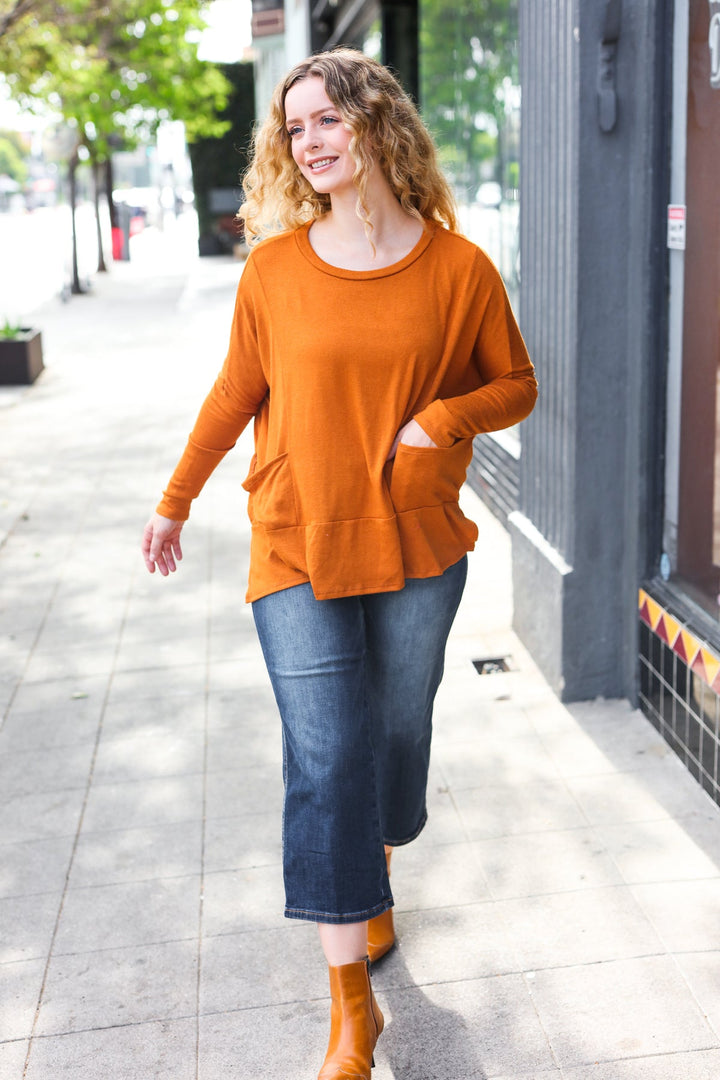 Snuggly Perfection - Hacci Dolman Sweater Top - Rust