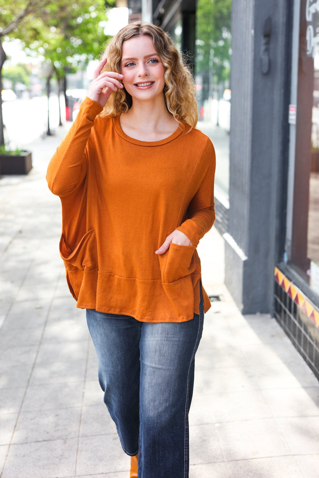 Snuggly Perfection - Hacci Dolman Sweater Top - Rust